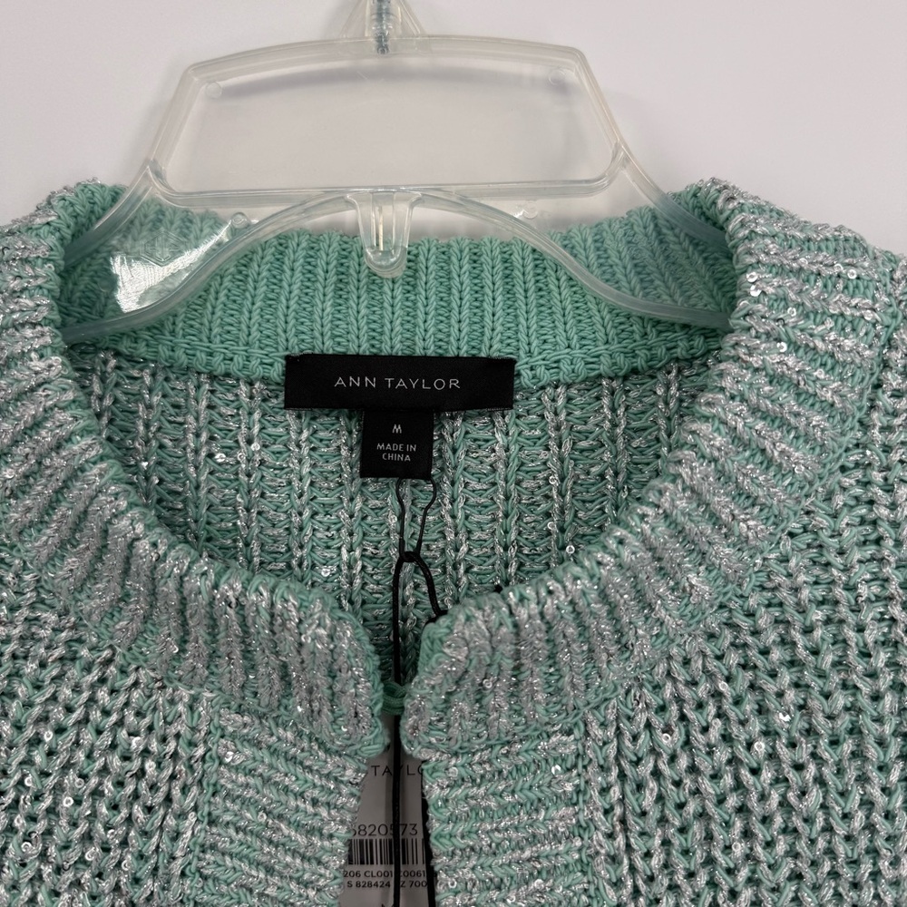 Ann Taylor Studio NWT Women's Green Shimmer Metallic Cardigan Sweater Size M - Picture 4 of 8